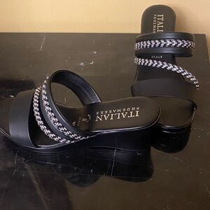 EUC unique Italian Shoemakers Black and Silver Wedge Sandals